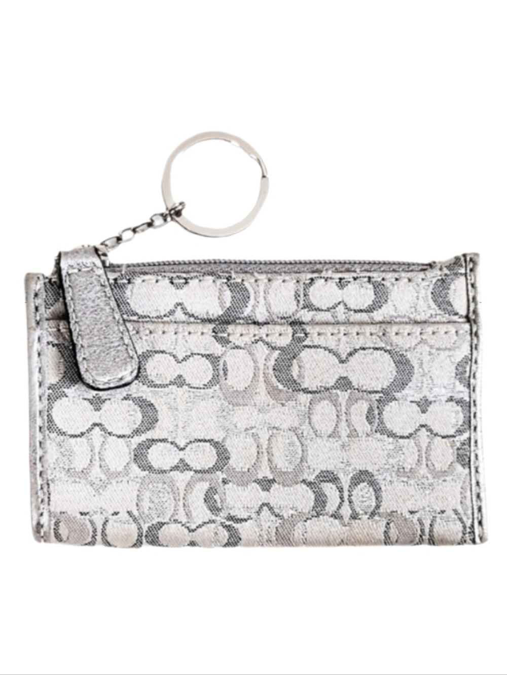 🩶 Coach Metallic Silver Lurex Optic Sig Skinny Mini ID Keychain Card Holder